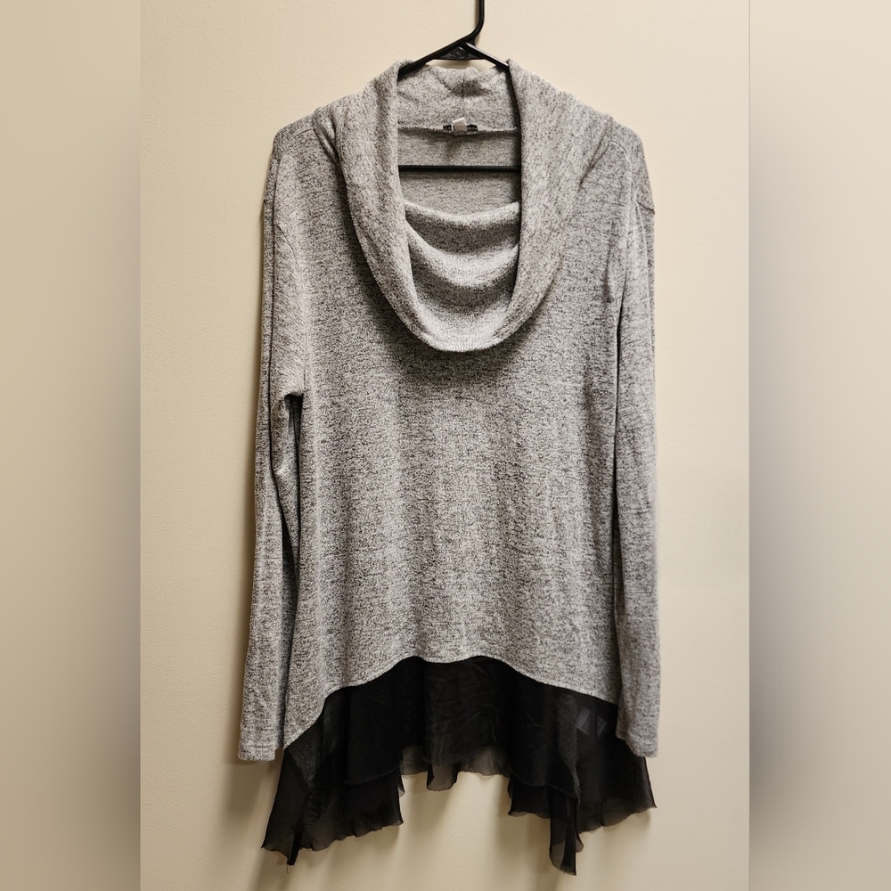 Cha Cha Vente Cowl-Neck Knit Top Lightweight With Mesh Ruffle Size L